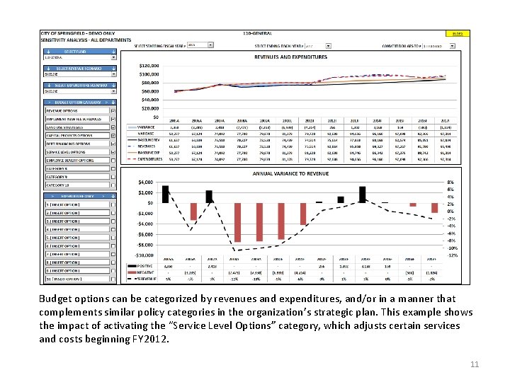 Budget options can be categorized by revenues and expenditures, and/or in a manner that