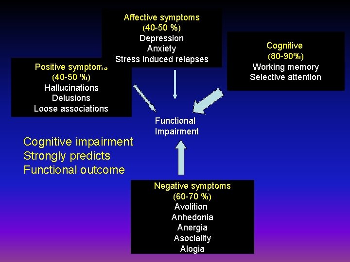 Positive symptoms (40 -50 %) Hallucinations Delusions Loose associations Affective symptoms (40 -50 %)