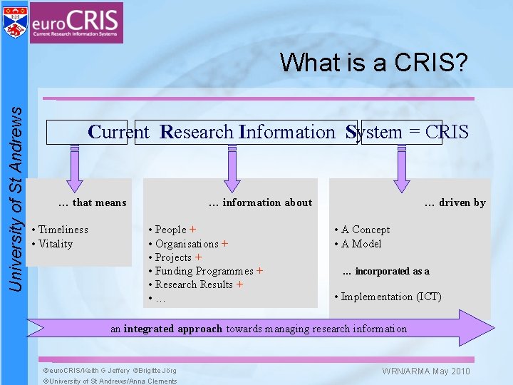 University of St Andrews What is a CRIS? Current Research Information System = CRIS