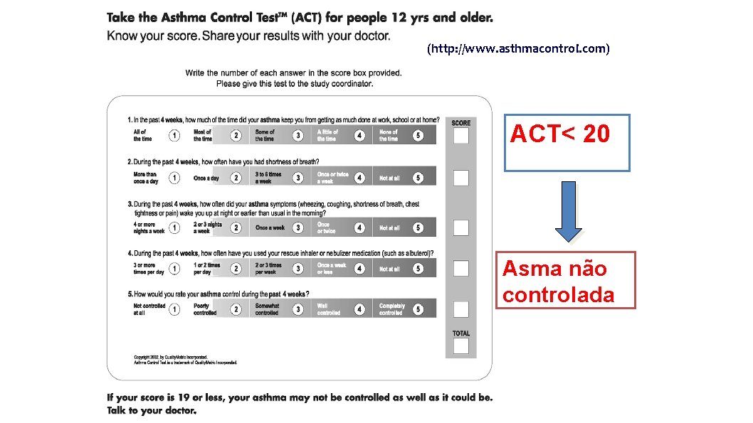 (http: //www. asthmacontrol. com) ACT< 20 Asma não controlada 