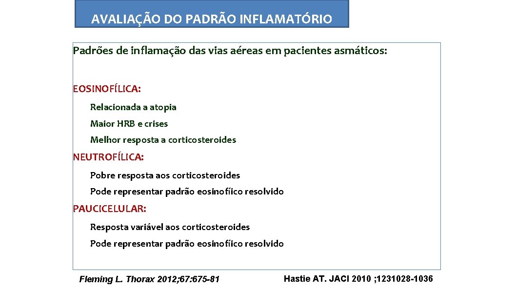 AVALIAÇÃO DO PADRÃO INFLAMATÓRIO Padrões de inflamação das vias aéreas em pacientes asmáticos: EOSINOFÍLICA: