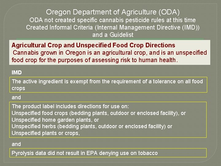 Oregon Department of Agriculture (ODA) ODA not created specific cannabis pesticide rules at this