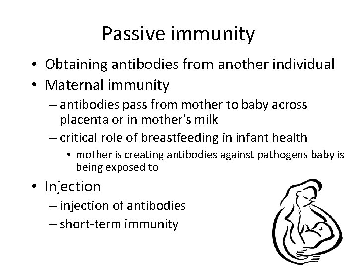 Passive immunity • Obtaining antibodies from another individual • Maternal immunity – antibodies pass