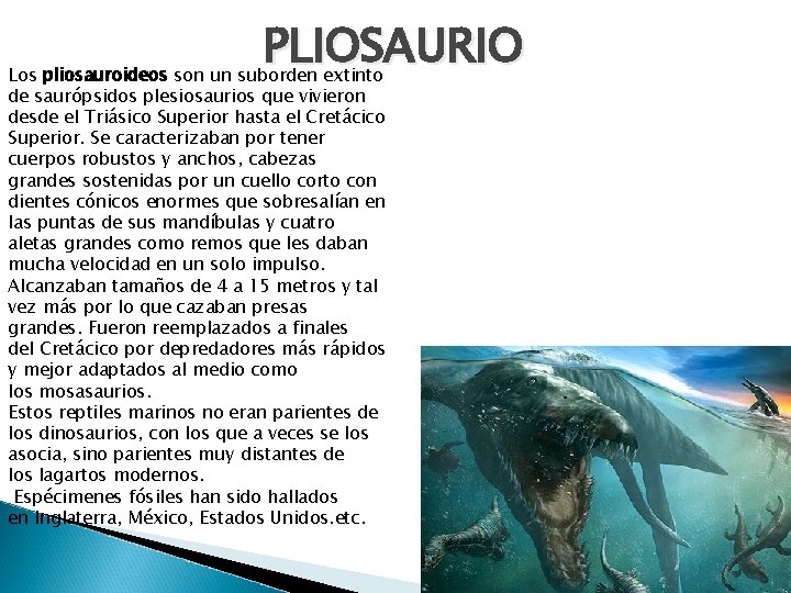 PLIOSAURIO Los pliosauroideos son un suborden extinto de saurópsidos plesiosaurios que vivieron desde el