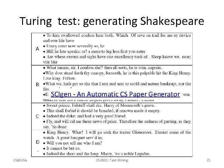 Turing test: generating Shakespeare A B SCIgen - An Automatic CS Paper Generator C
