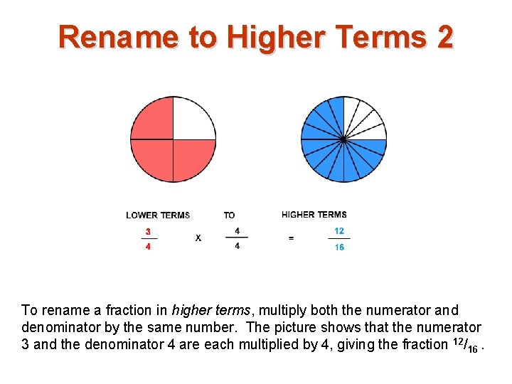 Rename to Higher Terms 2 To rename a fraction in higher terms, multiply both