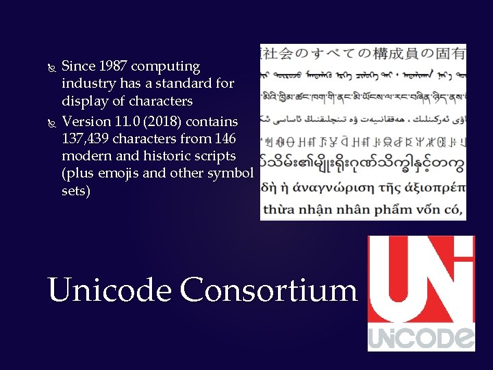  Since 1987 computing industry has a standard for display of characters Version 11.