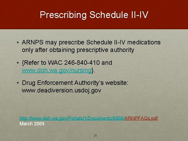 Prescribing Schedule II-IV • ARNPS may prescribe Schedule II-IV medications only after obtaining prescriptive