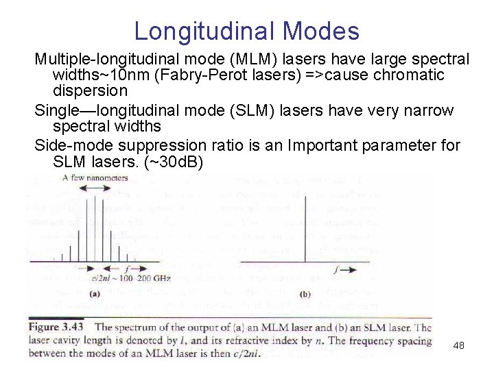 Longitudinal Modes Multiple-longitudinal mode (MLM) lasers have large spectral widths~10 nm (Fabry-Perot lasers) =>cause