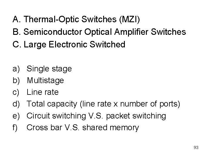 A. Thermal-Optic Switches (MZI) B. Semiconductor Optical Amplifier Switches C. Large Electronic Switched a)