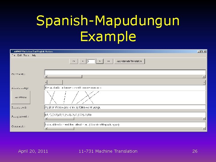 Spanish-Mapudungun Example April 20, 2011 11 -731 Machine Translation 26 