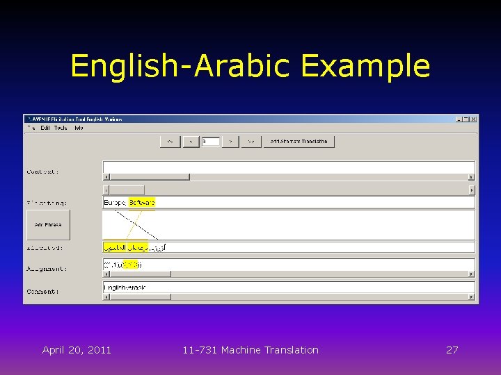 English-Arabic Example April 20, 2011 11 -731 Machine Translation 27 