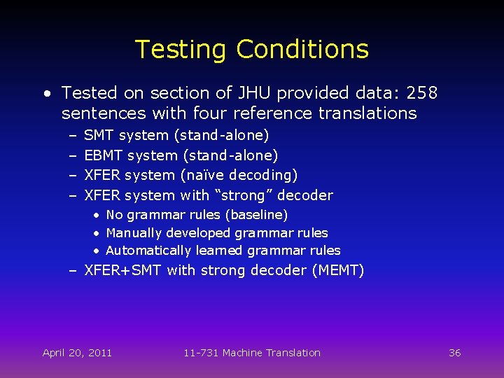 Testing Conditions • Tested on section of JHU provided data: 258 sentences with four