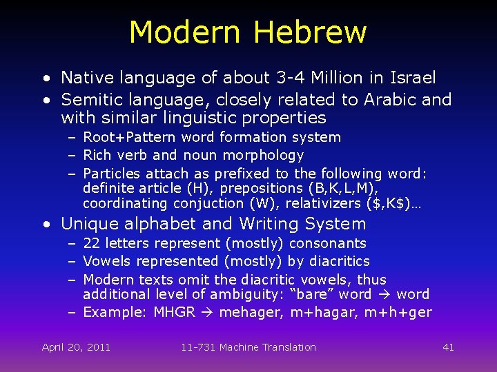 Modern Hebrew • Native language of about 3 -4 Million in Israel • Semitic