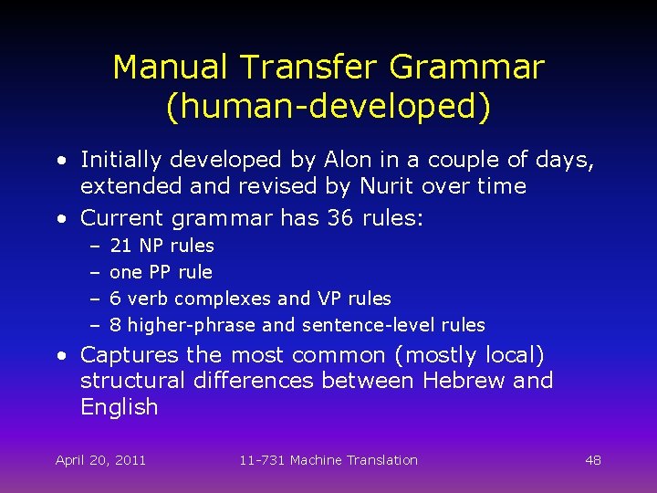 Manual Transfer Grammar (human-developed) • Initially developed by Alon in a couple of days,