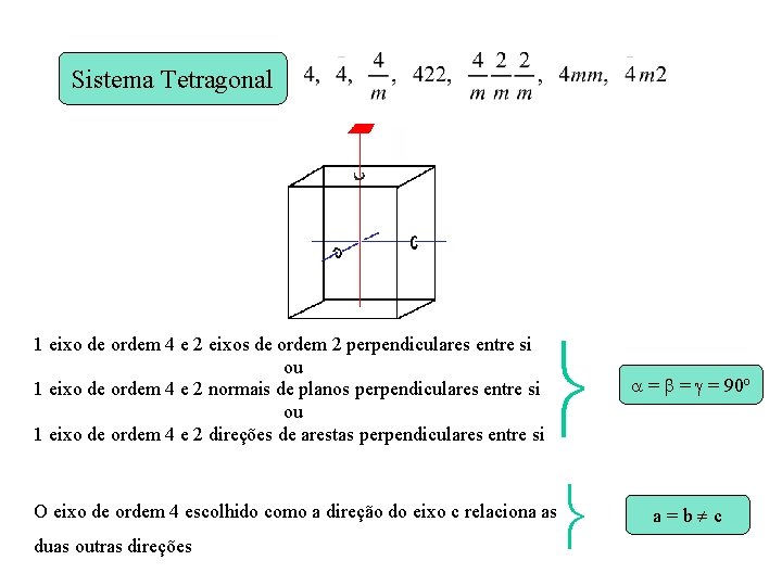 Sistema Tetragonal 1 eixo de ordem 4 e 2 eixos de ordem 2 perpendiculares