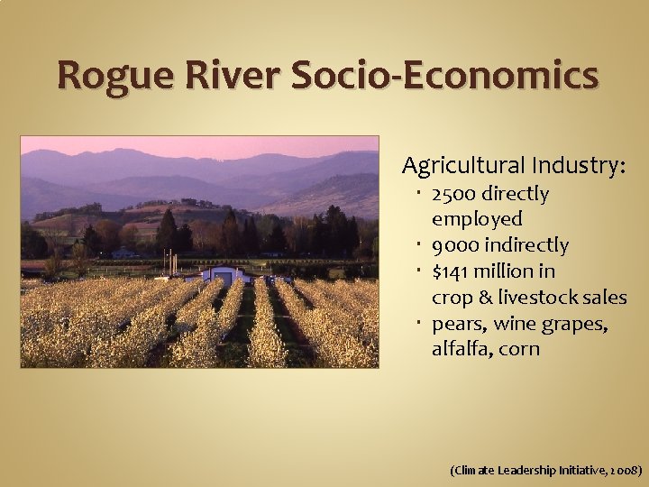 Rogue River Socio-Economics Agricultural Industry: 2500 directly employed 9000 indirectly $141 million in crop