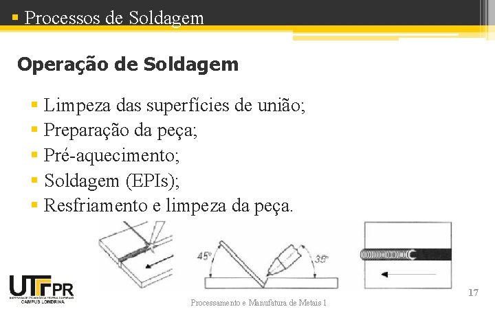 § Processos de Soldagem Operação de Soldagem § Limpeza das superfícies de união; §