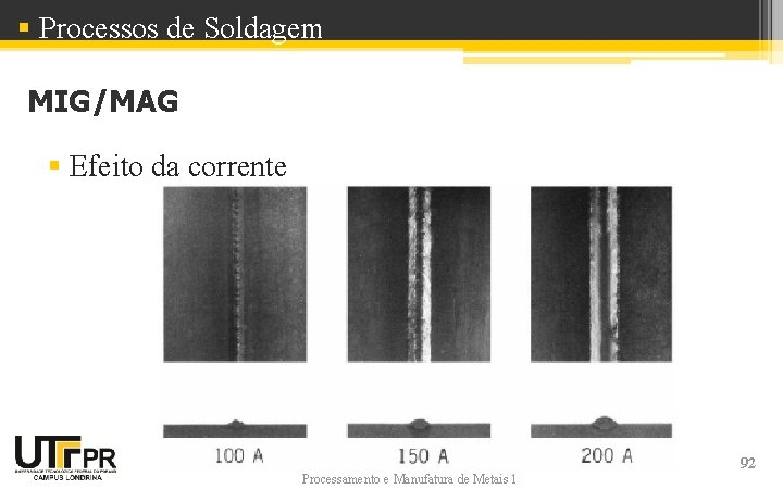 § Processos de Soldagem MIG/MAG § Efeito da corrente Processamento e Manufatura de Metais