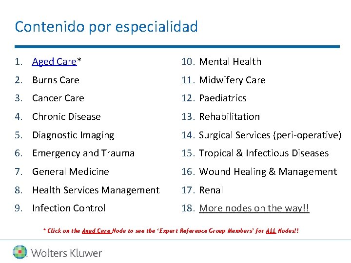 Contenido por especialidad 1. Aged Care* 10. Mental Health 2. Burns Care 11. Midwifery