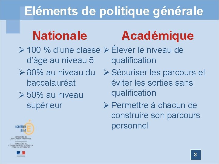 Eléments de politique générale Nationale Académique Ø 100 % d’une classe Ø Élever le