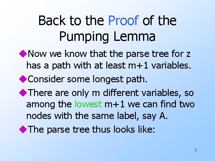 Back to the Proof of the Pumping Lemma u. Now we know that the Back to the Proof of the Pumping Lemma u. Now we know that the