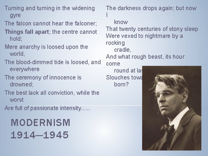 Turning and turning in the widening gyre The falcon cannot hear the falconer; Things Turning and turning in the widening gyre The falcon cannot hear the falconer; Things