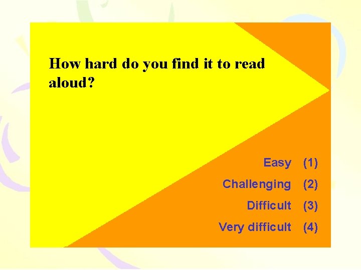 How hard do you find it to read aloud? Easy (1) Challenging (2) Difficult