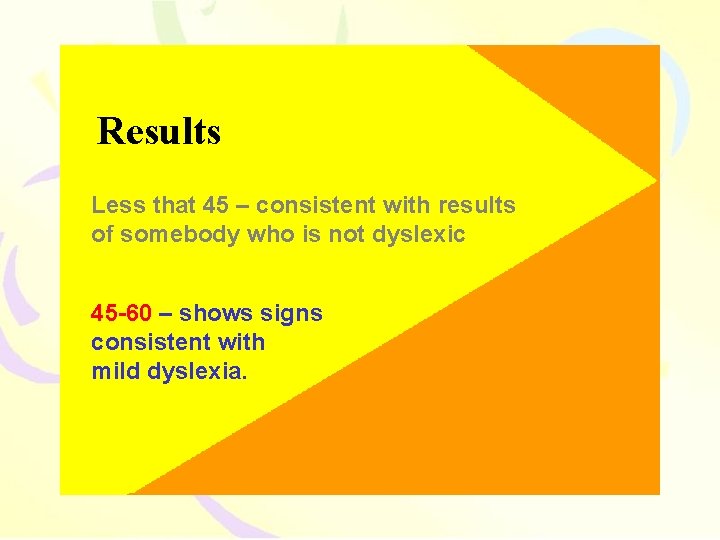 Results Less that 45 – consistent with results of somebody who is not dyslexic