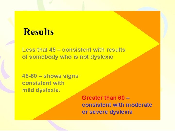 Results Less that 45 – consistent with results of somebody who is not dyslexic