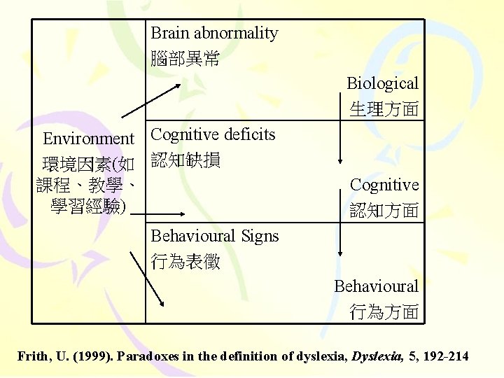 Brain abnormality 腦部異常 Biological 生理方面 Environment Cognitive deficits 環境因素(如 認知缺損 課程、教學、 學習經驗) Cognitive 認知方面