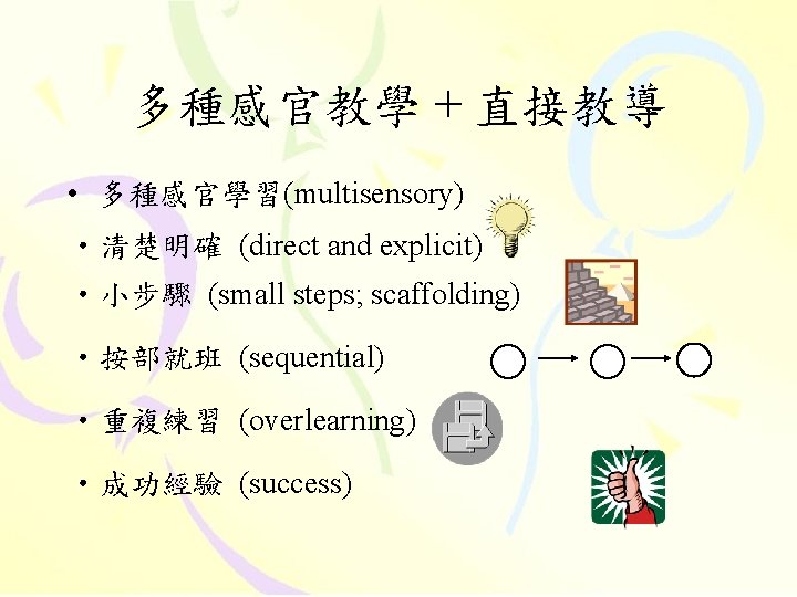 多種感官教學 + 直接教導 • 多種感官學習(multisensory) • 清楚明確 (direct and explicit) • 小步驟 (small steps;