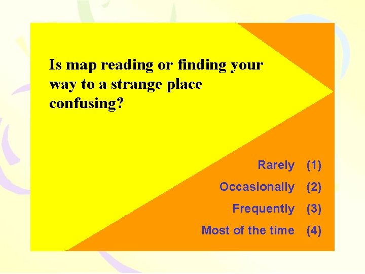 Is map reading or finding your way to a strange place confusing? Rarely (1)