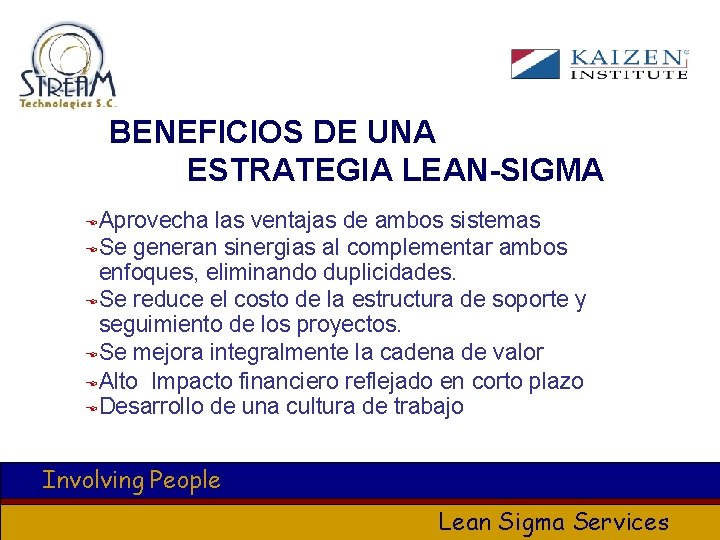 BENEFICIOS DE UNA ESTRATEGIA LEAN-SIGMA Aprovecha las ventajas de ambos sistemas ESe generan sinergias