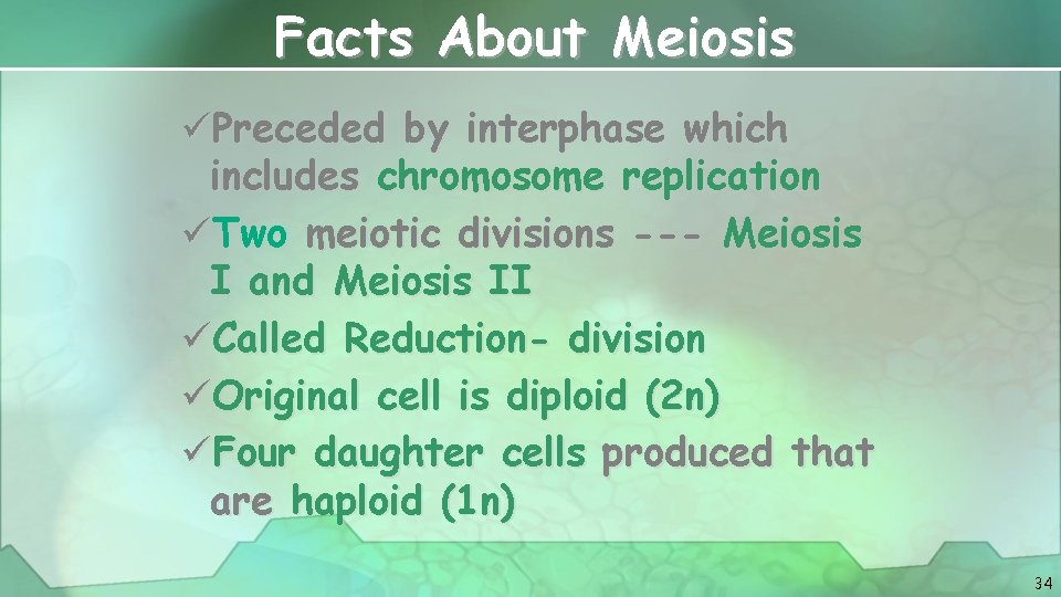 Facts About Meiosis üPreceded by interphase which includes chromosome replication üTwo meiotic divisions ---