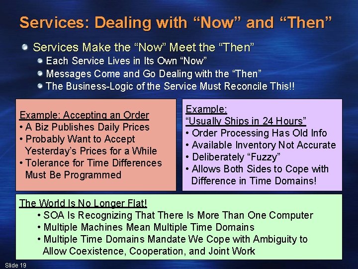 Services: Dealing with “Now” and “Then” Services Make the “Now” Meet the “Then” Each