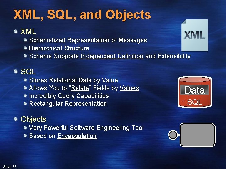 XML, SQL, and Objects XML Schematized Representation of Messages Hierarchical Structure Schema Supports Independent