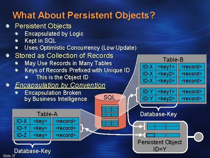 What About Persistent Objects? Persistent Objects Encapsulated by Logic Kept in SQL Uses Optimistic