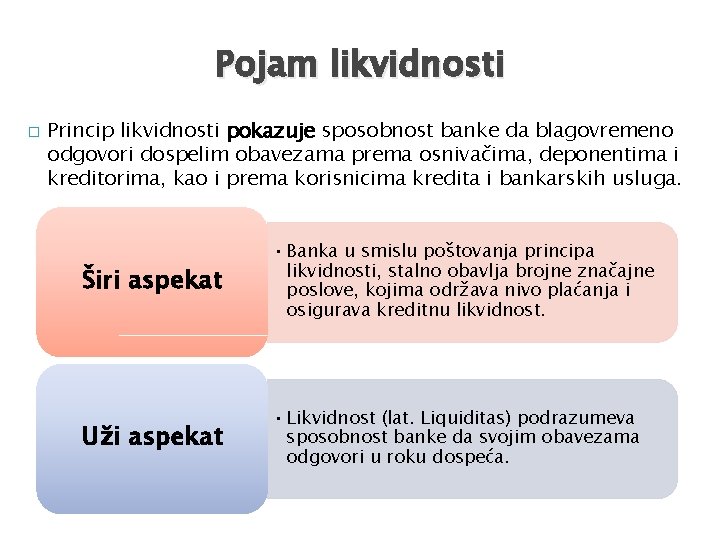 Pojam likvidnosti � Princip likvidnosti pokazuje sposobnost banke da blagovremeno odgovori dospelim obavezama prema