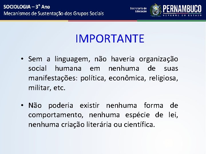 IMPORTANTE • Sem a linguagem, não haveria organização social humana em nenhuma de suas