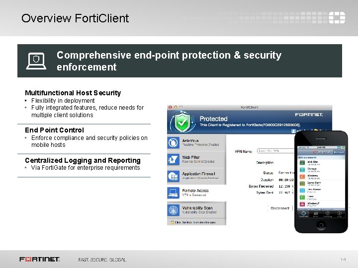 Overview Forti. Client Comprehensive end-point protection & security enforcement Multifunctional Host Security • Flexibility Overview Forti. Client Comprehensive end-point protection & security enforcement Multifunctional Host Security • Flexibility