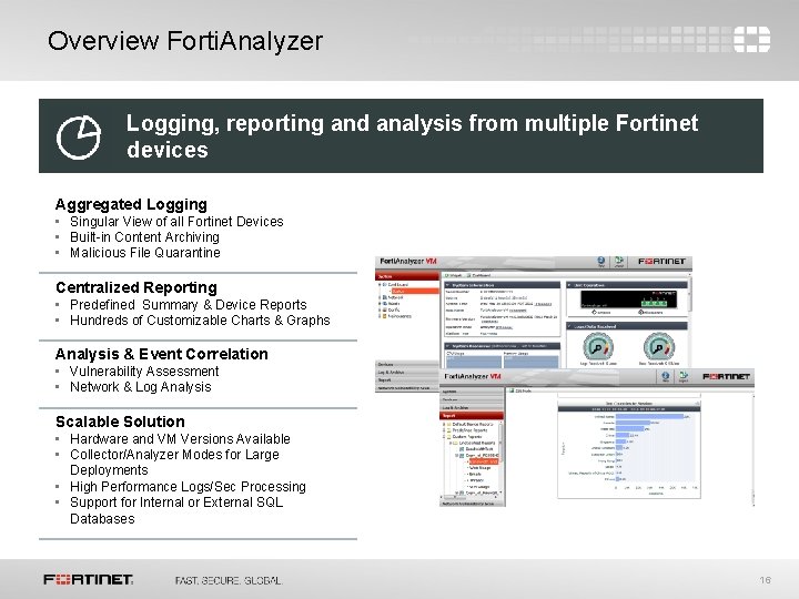 Overview Forti. Analyzer Logging, reporting and analysis from multiple Fortinet devices Aggregated Logging • Overview Forti. Analyzer Logging, reporting and analysis from multiple Fortinet devices Aggregated Logging •