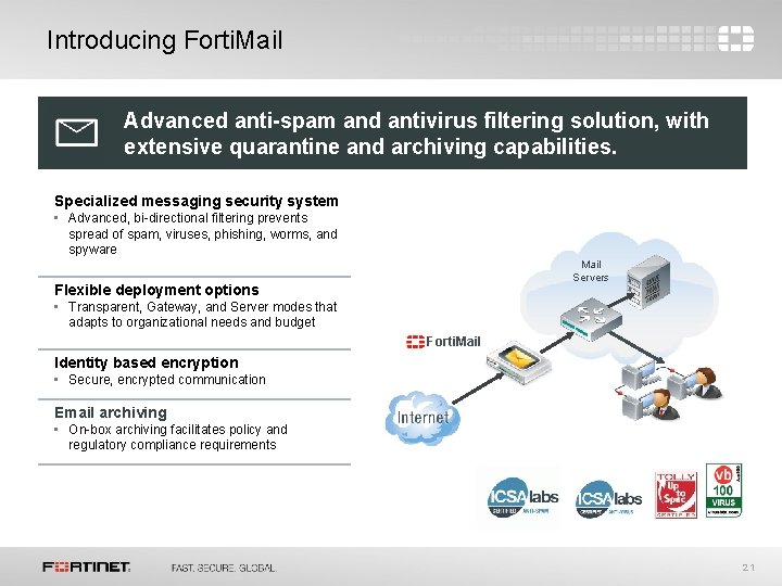 Introducing Forti. Mail Advanced anti-spam and antivirus filtering solution, with extensive quarantine and archiving Introducing Forti. Mail Advanced anti-spam and antivirus filtering solution, with extensive quarantine and archiving
