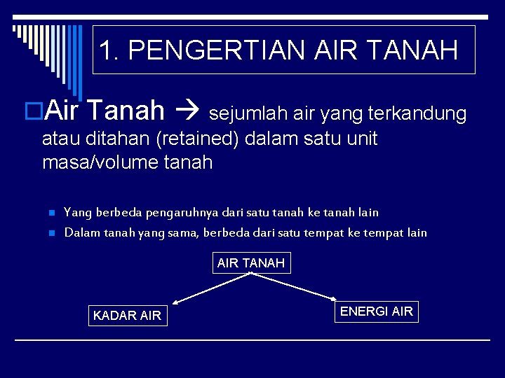 1. PENGERTIAN AIR TANAH o. Air Tanah sejumlah air yang terkandung atau ditahan (retained)