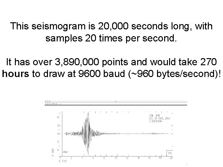 This seismogram is 20, 000 seconds long, with samples 20 times per second. It