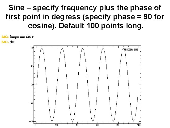 Sine – specify frequency plus the phase of first point in degress (specify phase