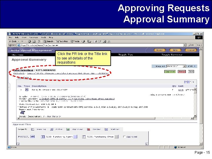 Approving Requests Approval Summary Click the PR link or the Title link to see