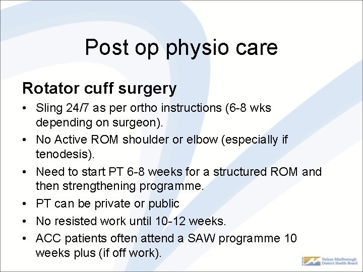 Post op physio care Rotator cuff surgery • Sling 24/7 as per ortho instructions