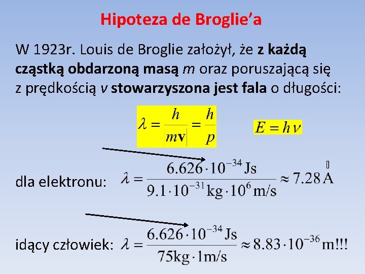 Hipoteza de Broglie’a W 1923 r. Louis de Broglie założył, że z każdą cząstką