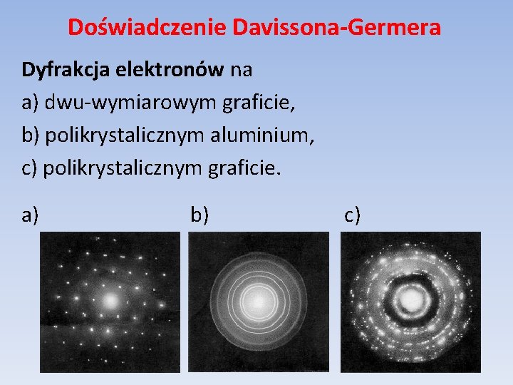 Doświadczenie Davissona-Germera Dyfrakcja elektronów na a) dwu-wymiarowym graficie, b) polikrystalicznym aluminium, c) polikrystalicznym graficie.